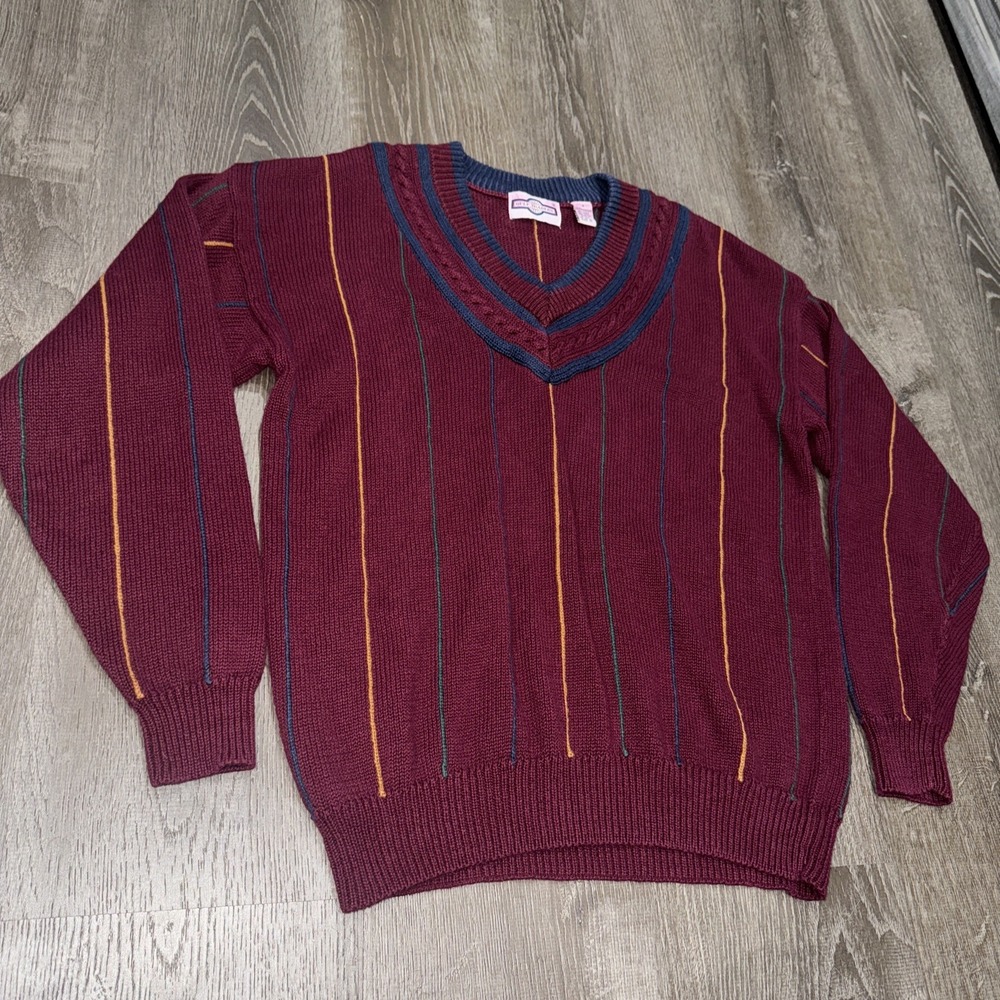VTG Gulf Traders Sweater Men's M Red V Neck Tennis Preppy Cricket Cable Knit